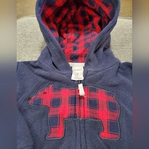 Carter's fleece zip up hoodie baby size 9 months red plaid bear